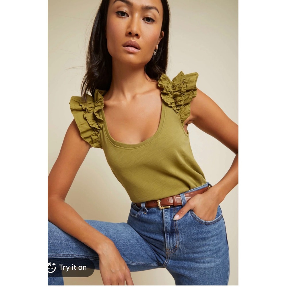 Nation LTD Valentina Small Green Ruffle Flutter Sleeve Tank Cotton Scoop Top